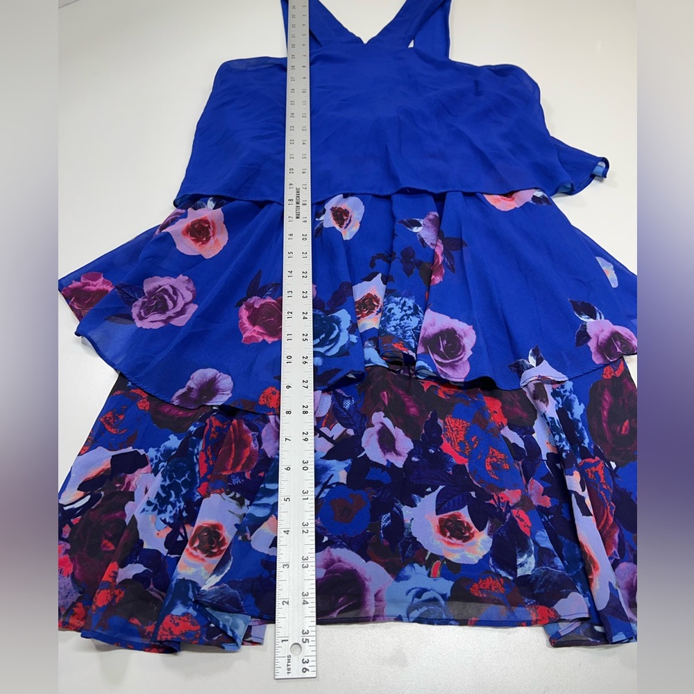 Badgley Mischka Popover Ruffle Mini Dress Blue Floral Size 2 Sleeveless Sundress - Picture 8 of 14